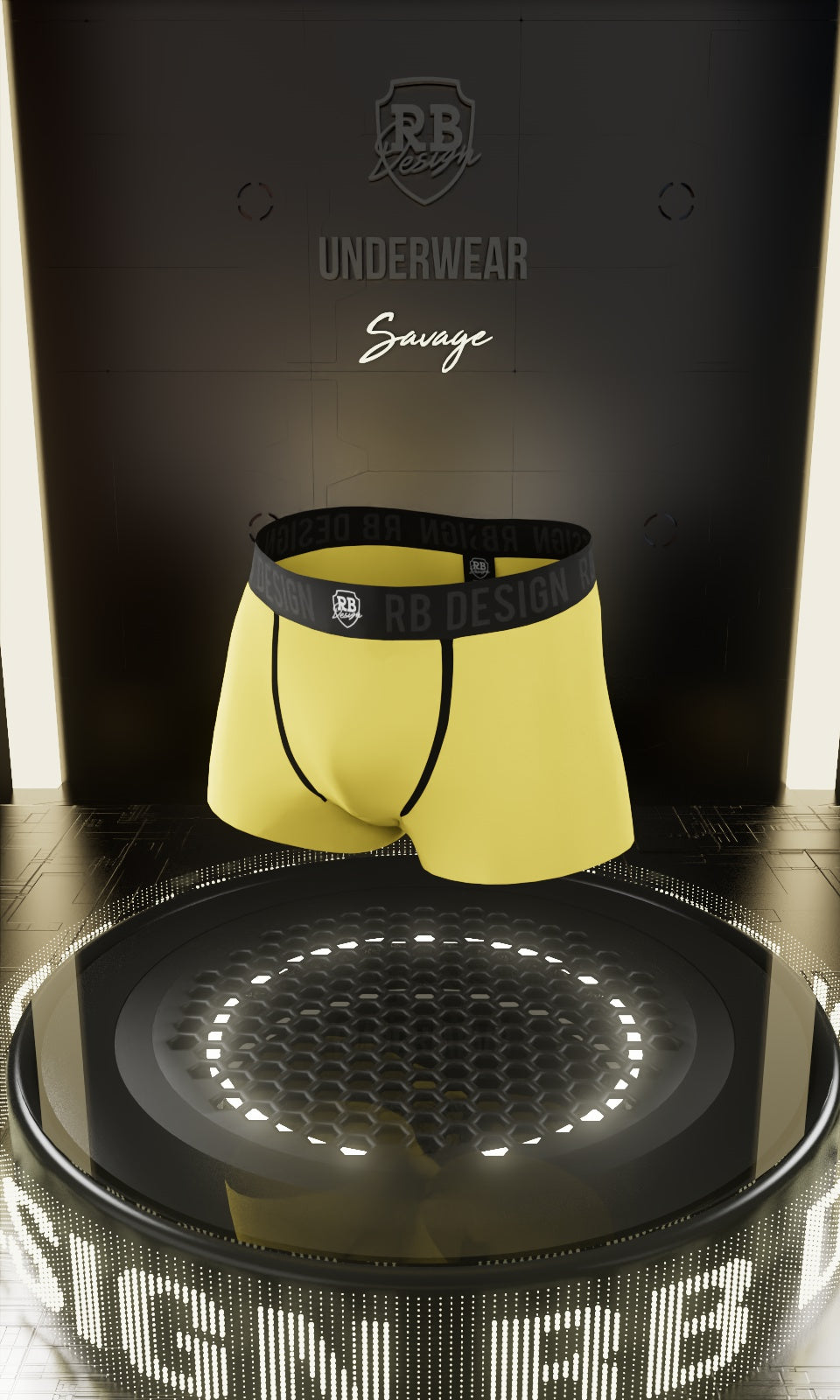 Yellow underwear with black waistband on a reflective surface, branded 'RB Design'.