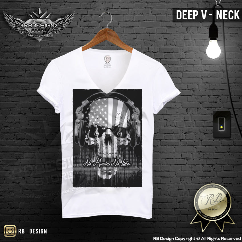 No Music No Life USA Flag Men's Skull T-shirt MD202