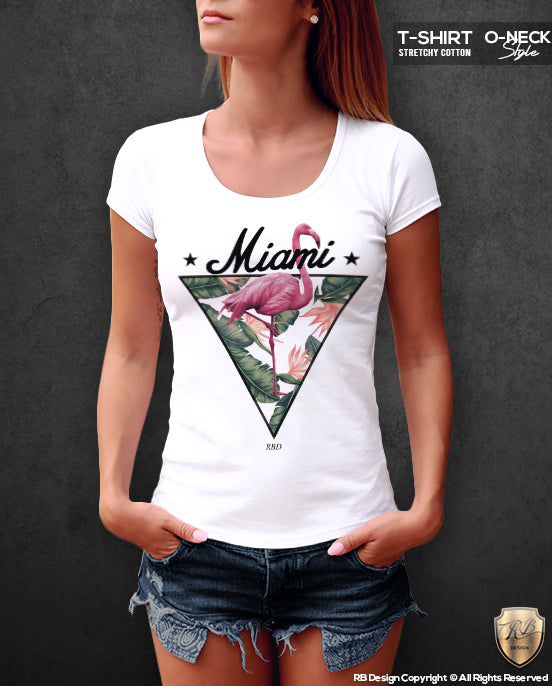 Miami Vibes Fresh Summer T-shirt Ladies Flamingo Graphic Top WD355