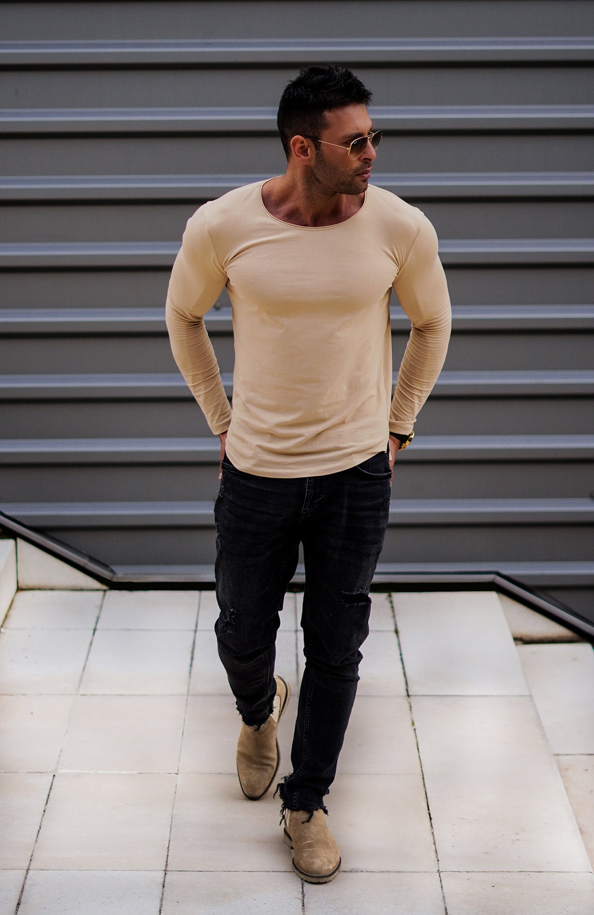 Мen's Beige Scoop Neck Long Sleeve T-shirt