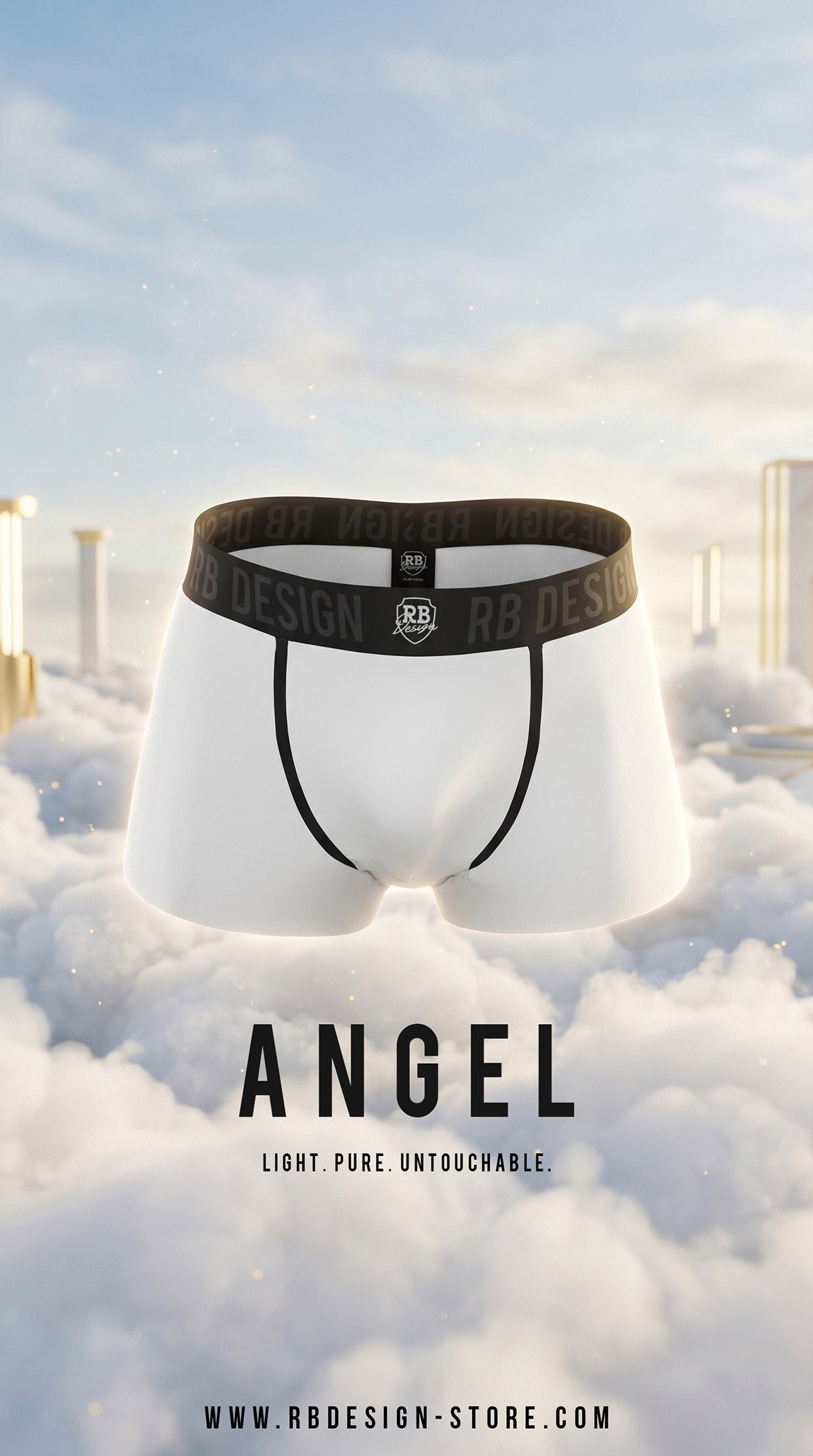 Men's White boxer briefs with a black waistband on a cloud background, featuring the brand 'RB Design'.