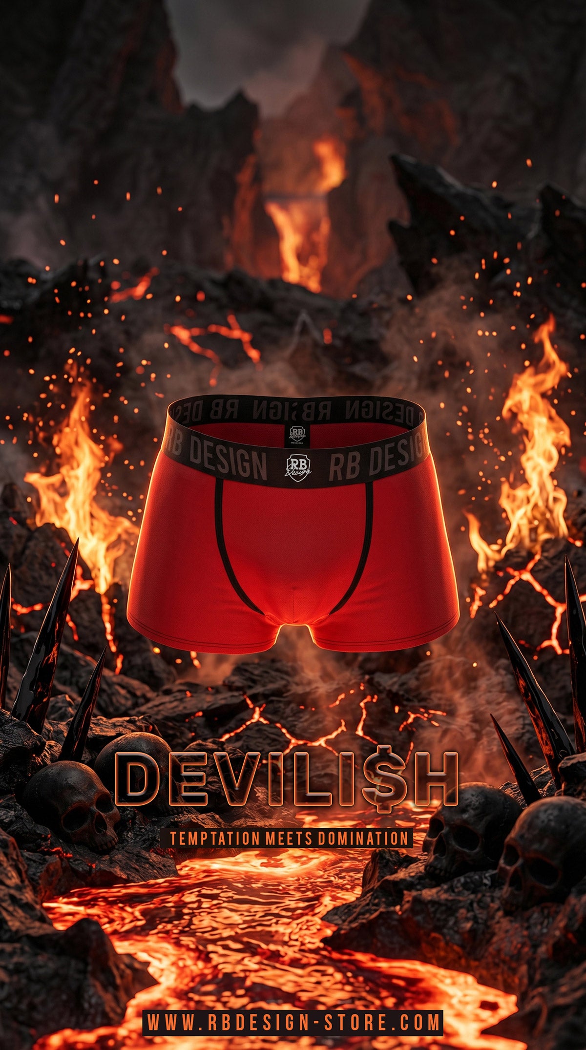 Men's Red boxer briefs with black waistband on a fiery background, featuring the brand 'RB Design'.