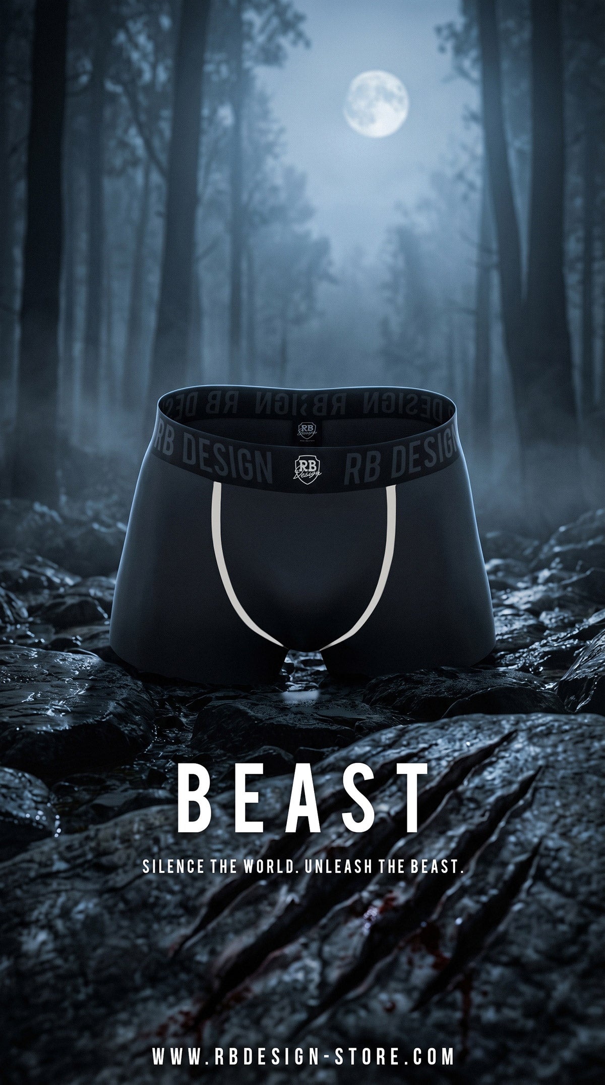 Black Boxer briefs with 'RB Design' branding in a forest setting with moonlit sky.