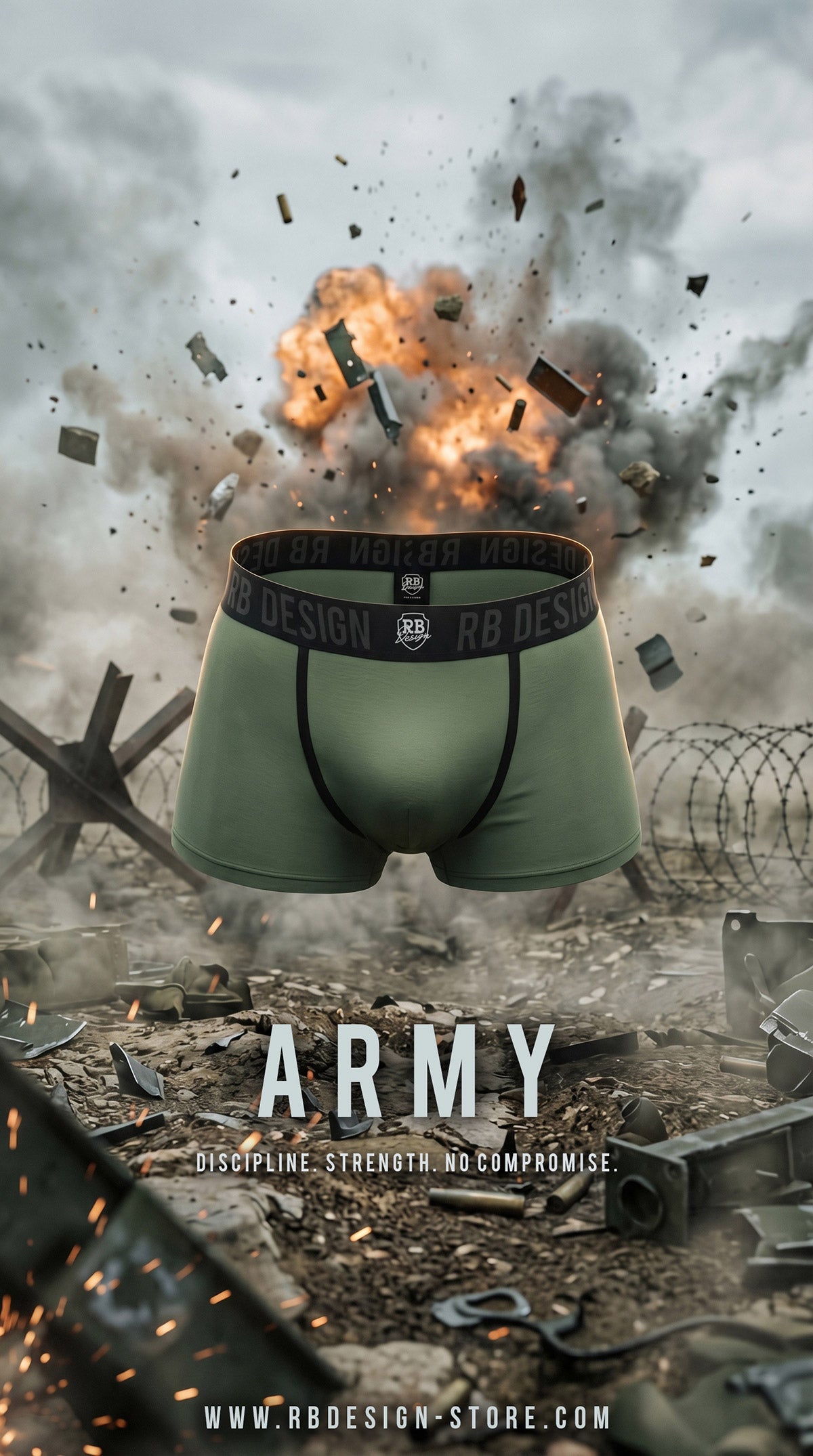Green army premium men's underwear RB Design with an explosion and military-themed background