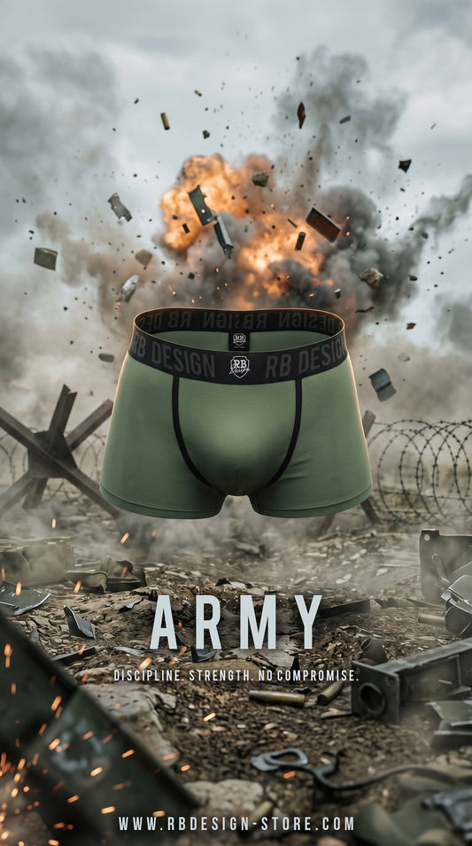 Green army premium men's underwear RB Design with an explosion and military-themed background