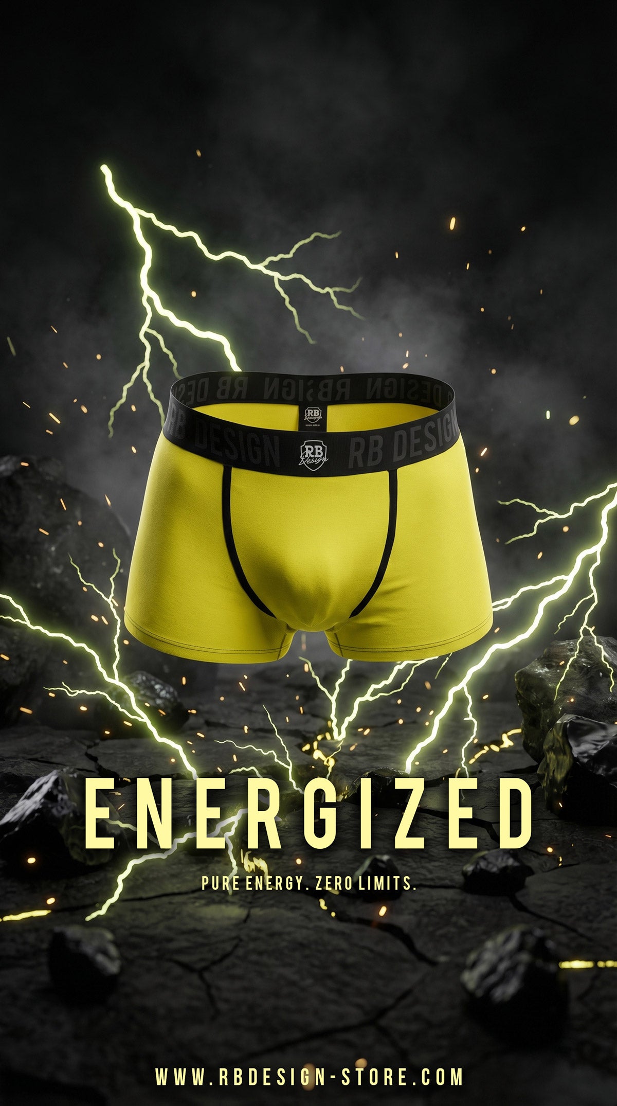 Men's Yellow-green boxer briefs with black waistband on a dark background with lightning effects, featuring the brand 'RB Design'.