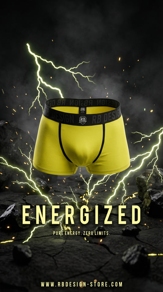 Men's Yellow-green boxer briefs with black waistband on a dark background with lightning effects, featuring the brand 'RB Design'.