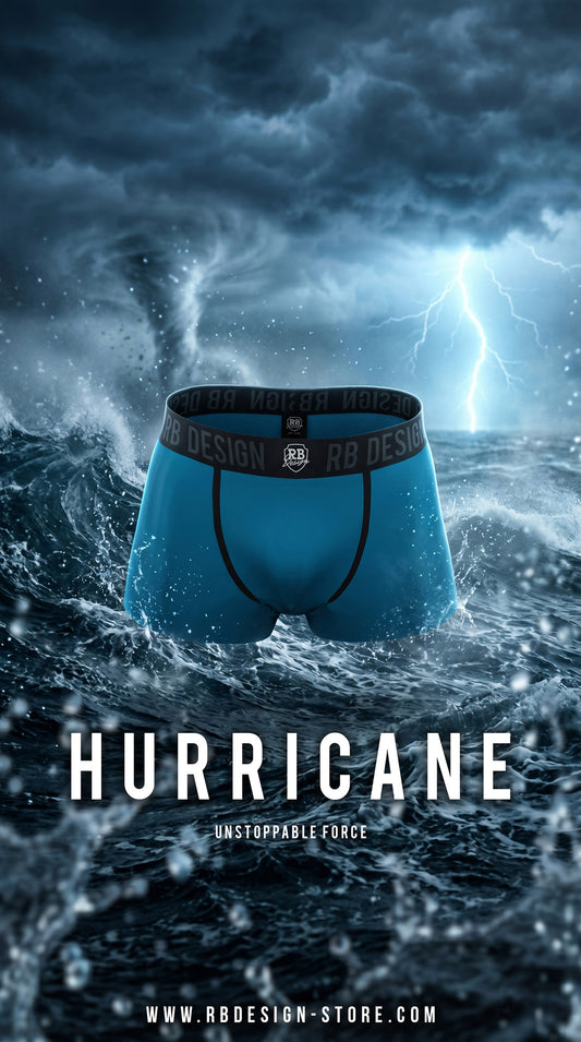 Men's Blue boxer briefs with a black waistband against a stormy background with the word 'HURRICANE'. RB Design
