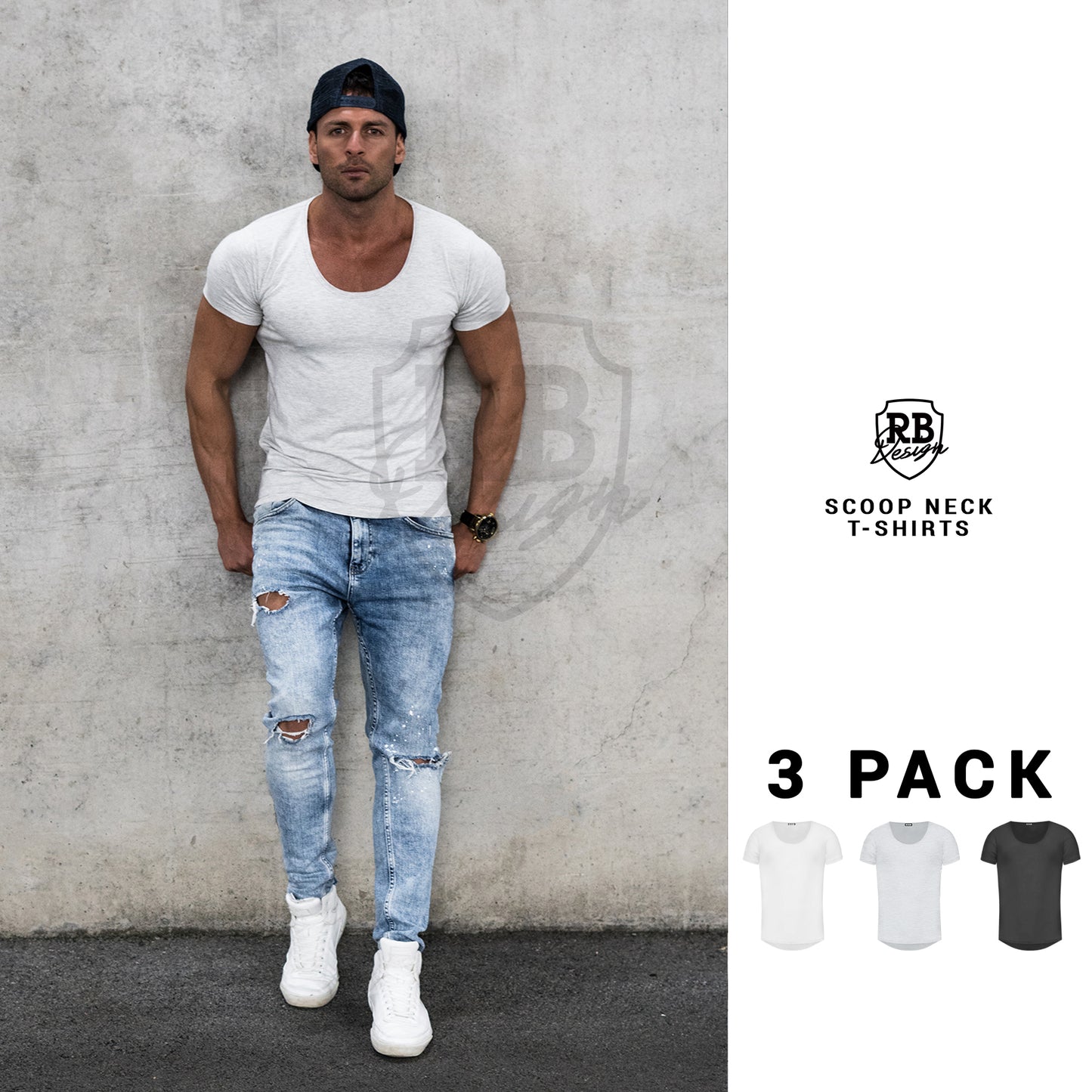 Bundle 3 Men’s Scoop Neck T-shirts - White, Ecru Melange and Black