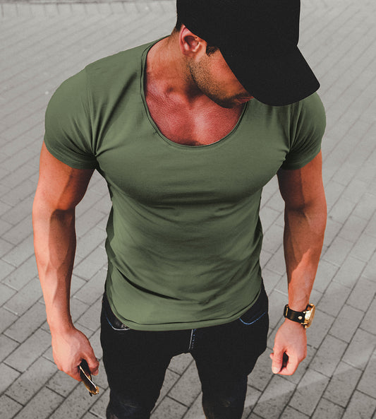 Men wearing trendy green scoop neck t-shirt - with slim fit fitness style 