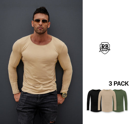 Man wearing a beige long-sleeve shirt with a dark gray background and RB Design logo.