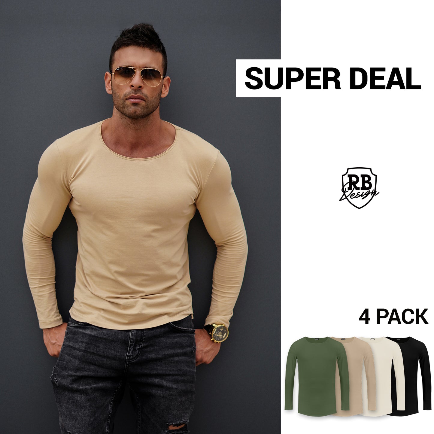 Bundle 4 Men’s Long Sleeve Shirts - Army Green, Beige, Cream and Black