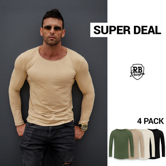Bundle 4 Men’s Long Sleeve Shirts - Army Green, Beige, Cream and Black