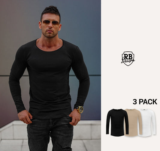 Man wearing a black long-sleeve shirt with RB Design logo and 3-pack option on the side.