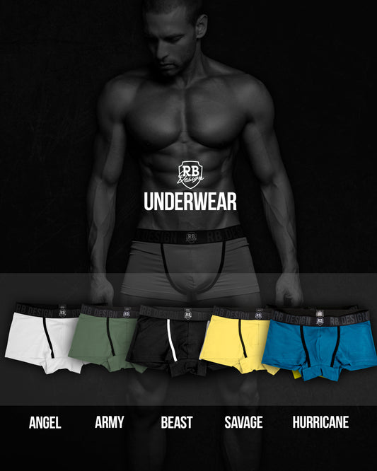 Man wearing underwear with brand logo, surrounded by five different colored options on a dark background.