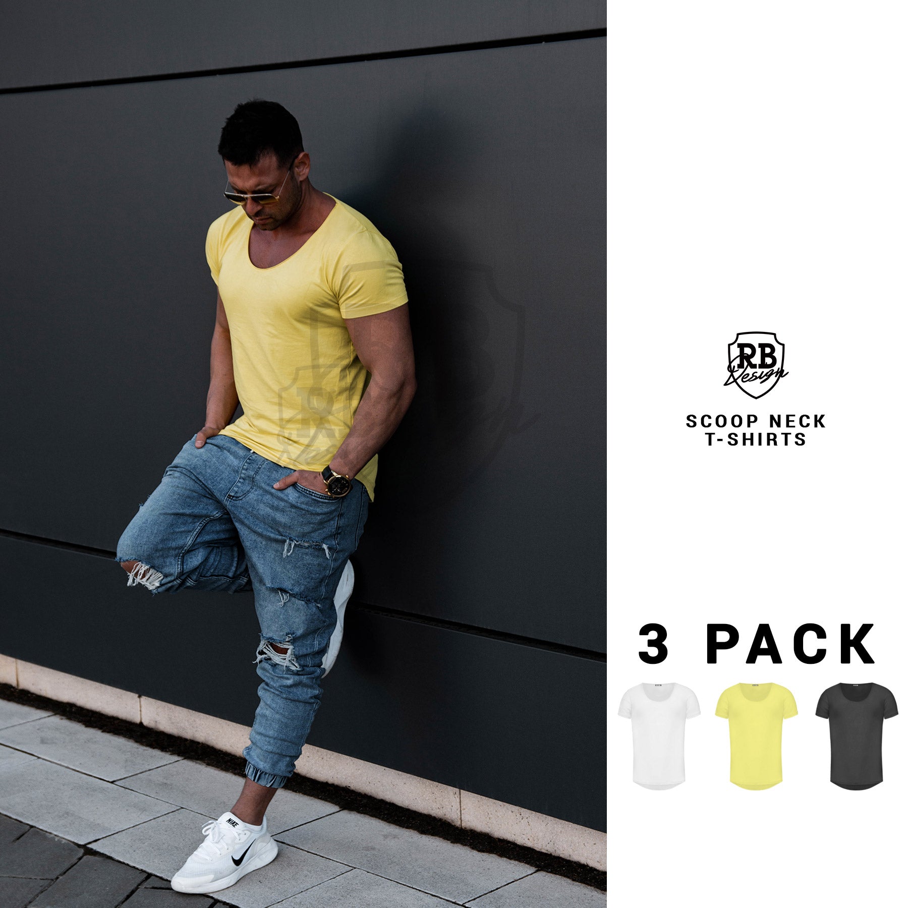 Man leaning against a wall wearing a yellow scoop neck t-shirt, with RB Logo branding and product packaging on the right.