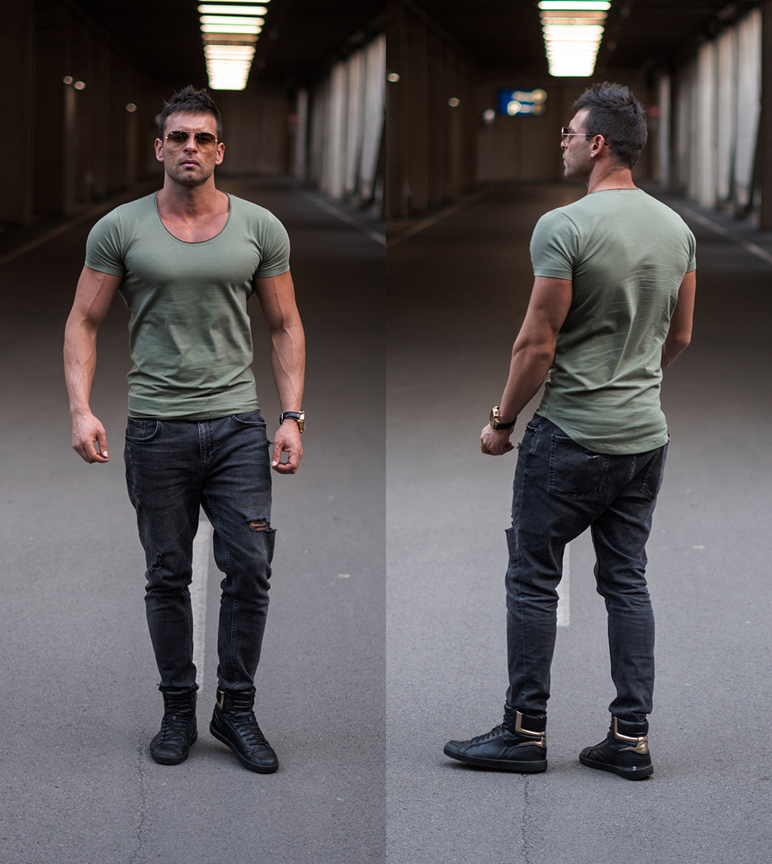 picture of men wearing army green fitness style scoop neck t-shirt from rb design brand