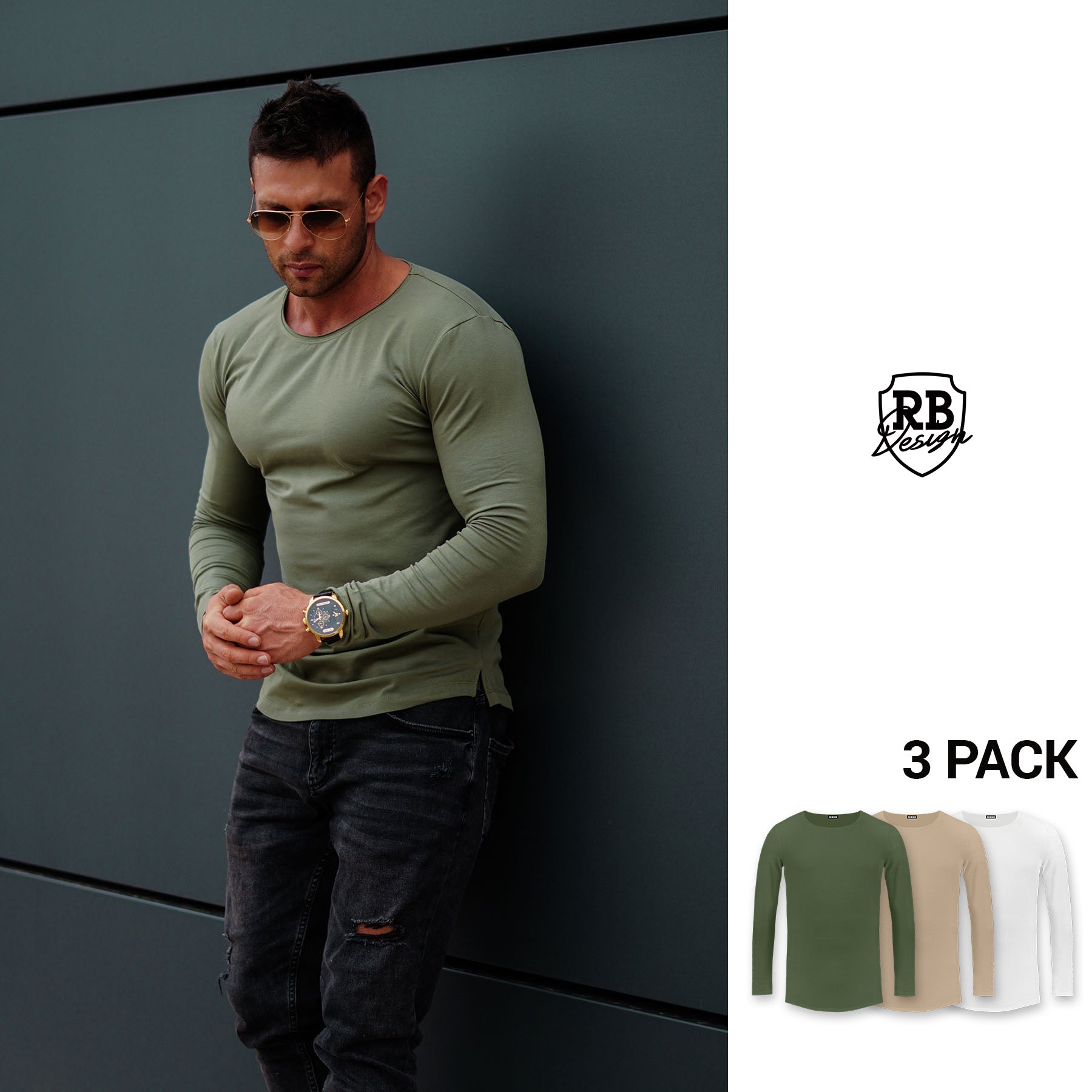 Man wearing a green long-sleeve shirt leaning against a wall with RB Design logo and 3-pack graphic.