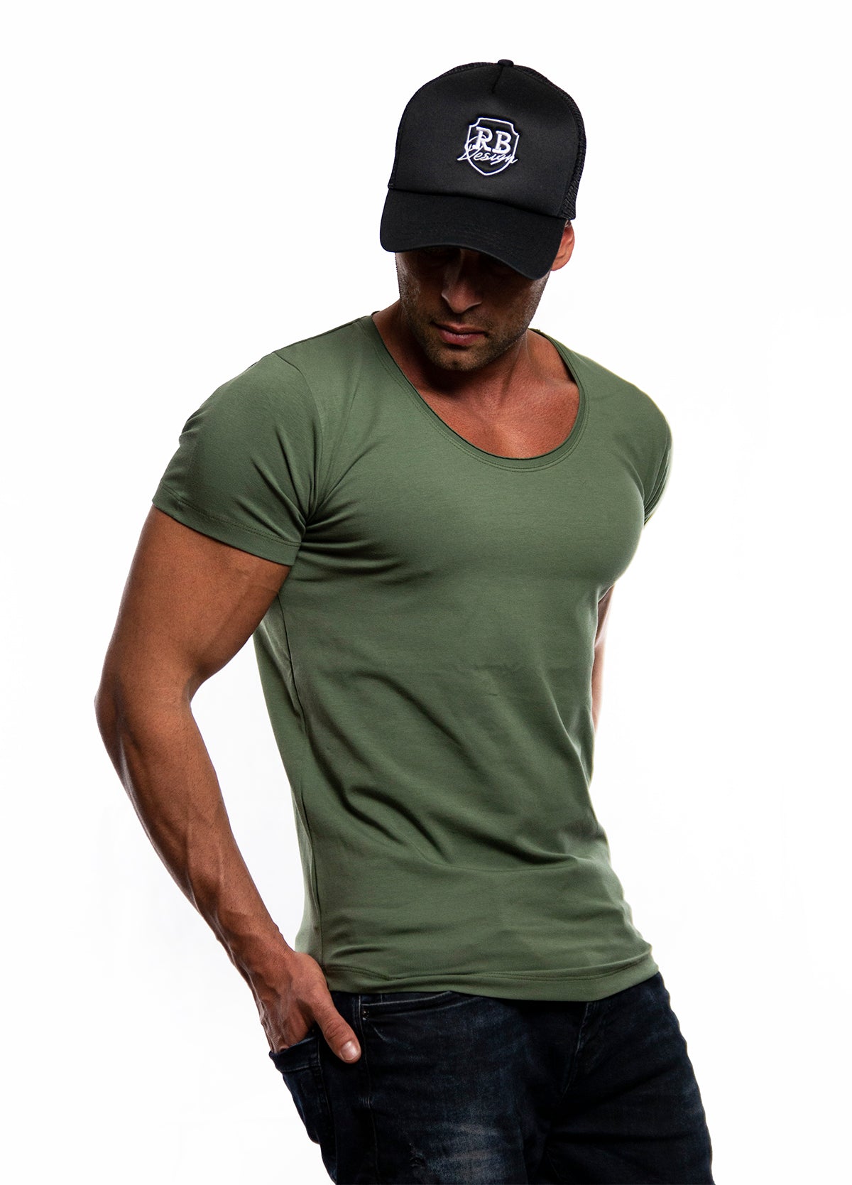 front view of men wearing Army Green scoop neck t-shirt on clear white background