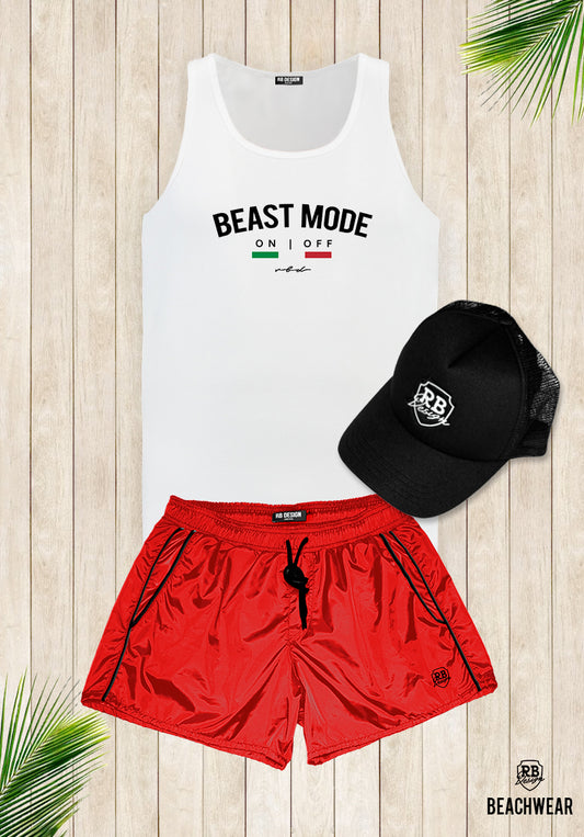 Bundle 3 - Red Beach Shorts + Black Hat White Logo + Tank Top MD930