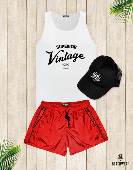 Bundle 3 - Red Beach Shorts + Black Hat White Logo + Tank Top MD934