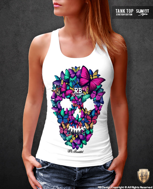 butterflies skull tank top for women