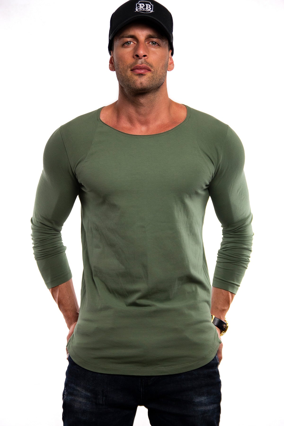 Plain Army Green Scoop Neck Long Sleeve T-shirt / Khaki Color
