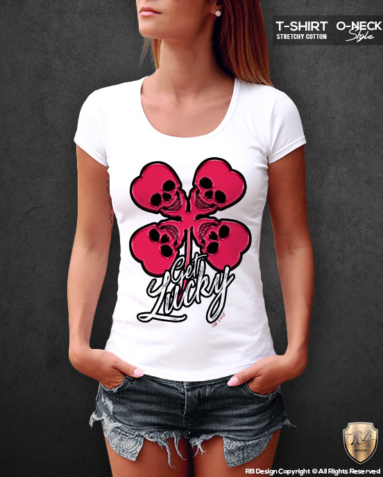 Get Lucky Womens T-shirt Designer Four leaf clover Skulls Top WD07 – RB  Design Store