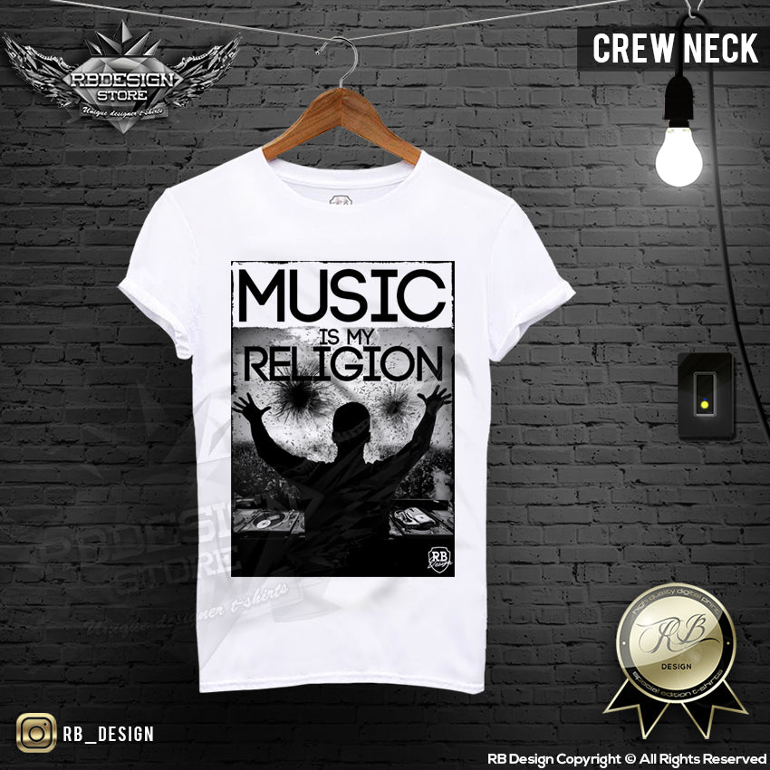 music is religion crew neck mens t-shirt