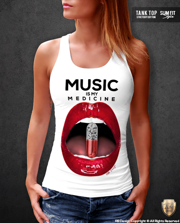 Red Lips Women's T-shirt Music Is My Medicine Ladies Festival Tank Top WD169