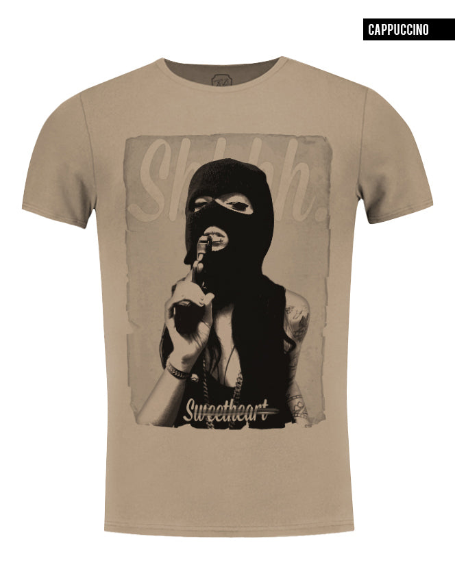 crew neck beige pistol girl t-shirt
