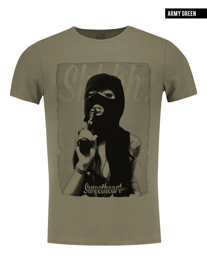 pistol mask girl khaki graphic tees