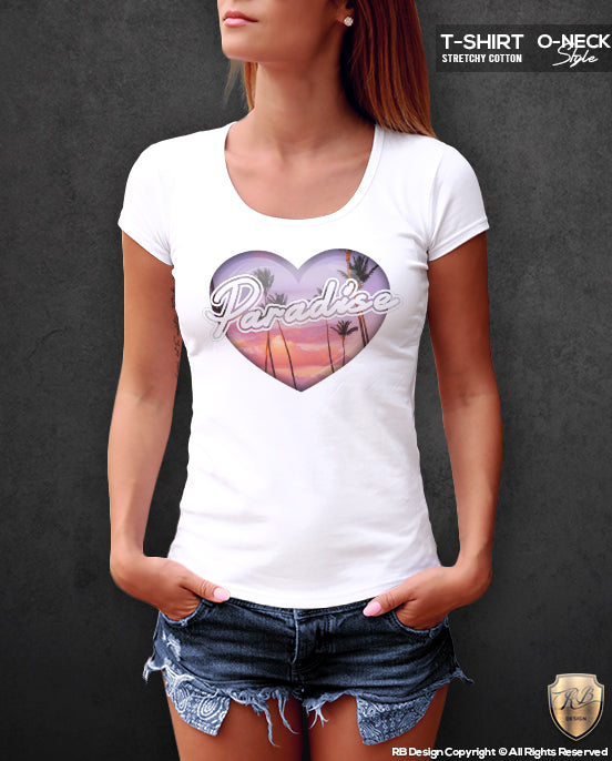 Women's Heart T-shirt Paradise Palm Trees Graphic Top WD194