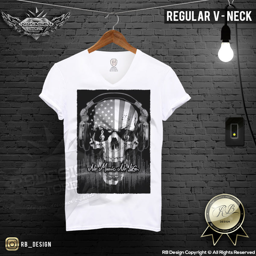 No Music No Life USA Flag Men's Skull T-shirt MD202
