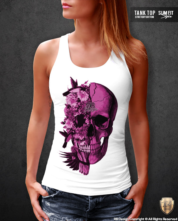 pink flower skull tank top for women