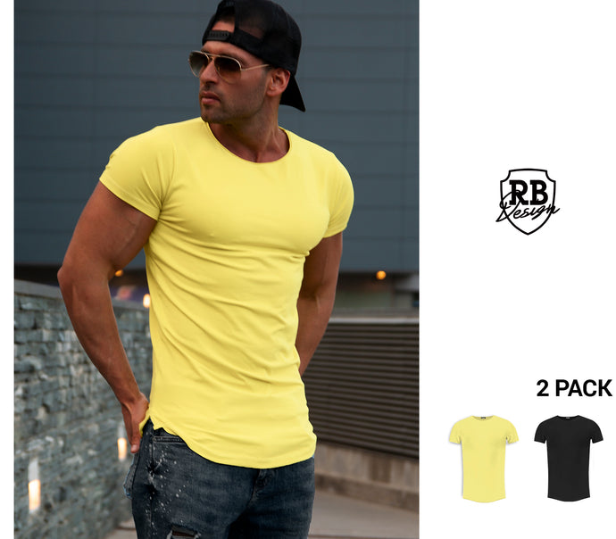 2 Pack Men's Plain Round Neck T-shirts - Black and Yellow / Longline
