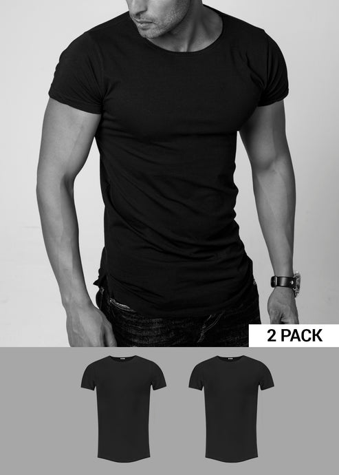 2 Pack Men's Plain Black Round Neck T-shirt - Longline