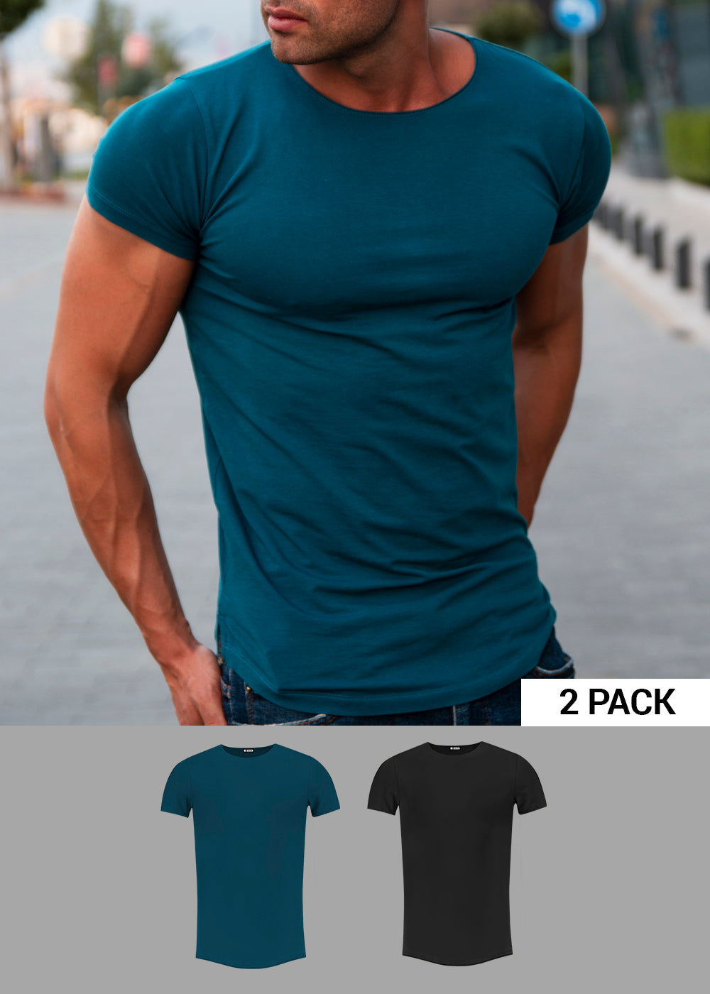 2 Pack Plain Ocean Blue and Black T-shirts - Round Neck Longline