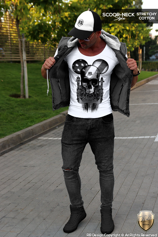 RB Design Mickey Skull Mens T-shirt BLACK Roses USA Flag Tank Top MD321 B