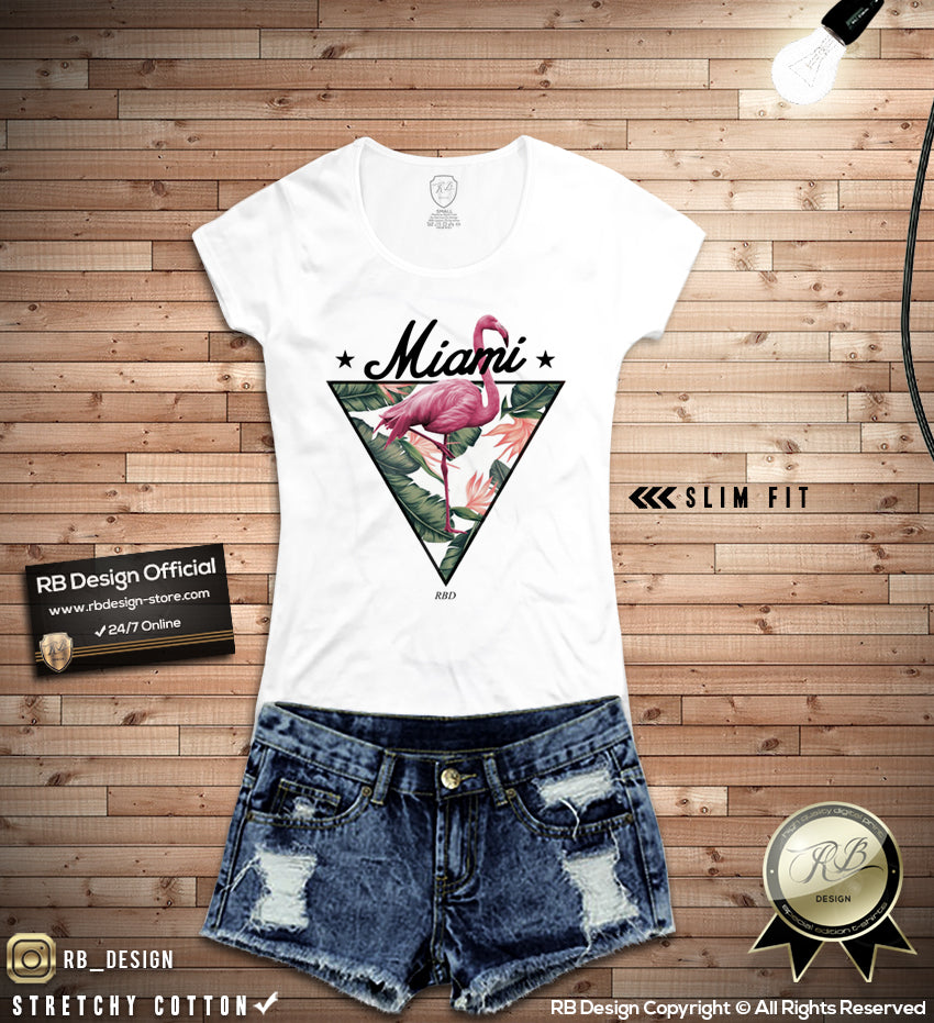 Miami Vibes Fresh Summer T-shirt Ladies Flamingo Graphic Top WD355