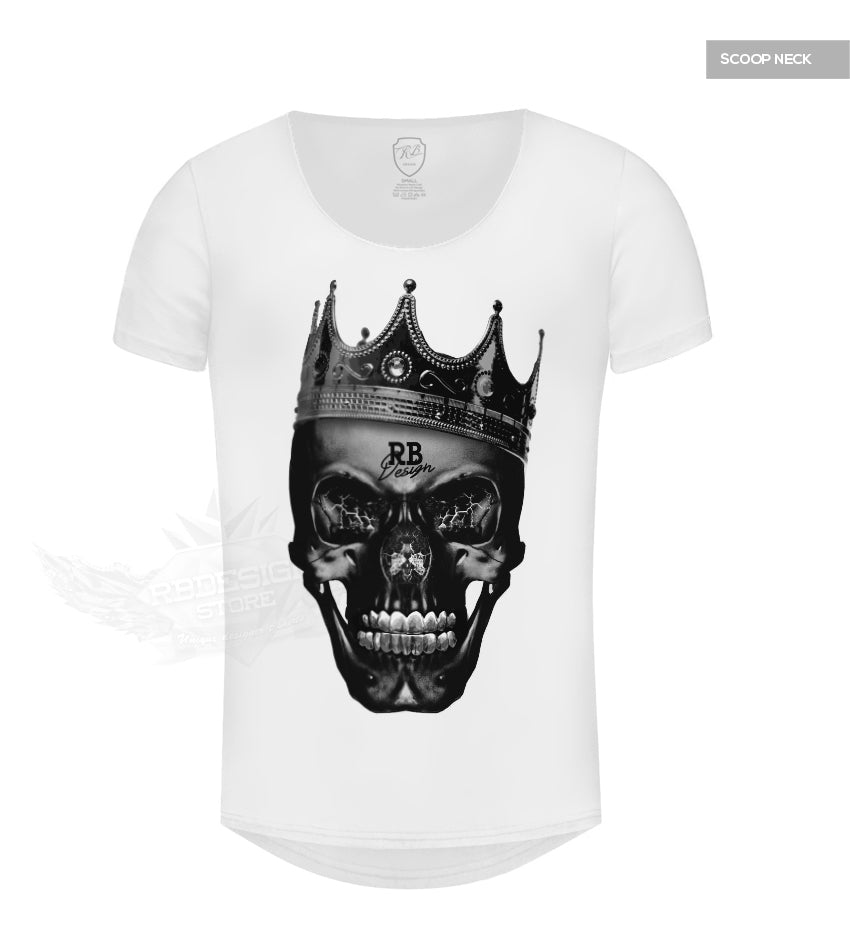 Mens White T-shirt Creepy Black Skull The Last King Top MD458