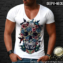 deep v neck flowers skull t-shirt