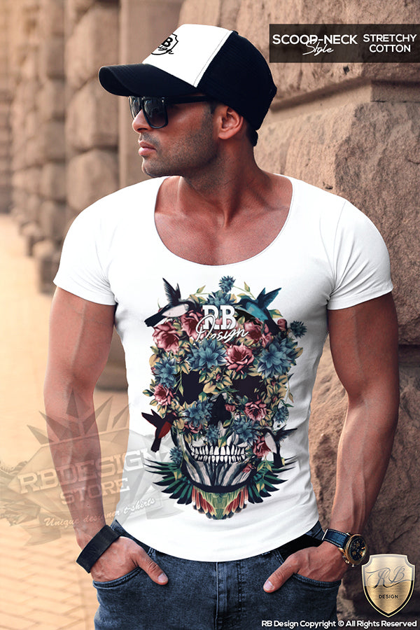 T-shirt Floral Flowers Skull Deep v Tank Top Birds RB Design – RB Design Store