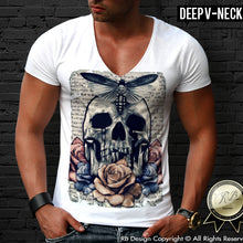 mens flower vintage skull deep v neck shirt