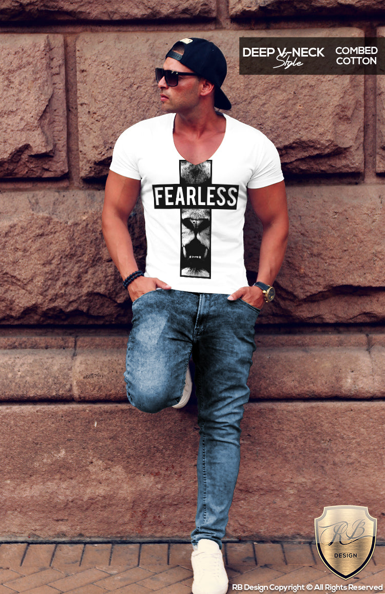 deep v neck lion cross t shirt