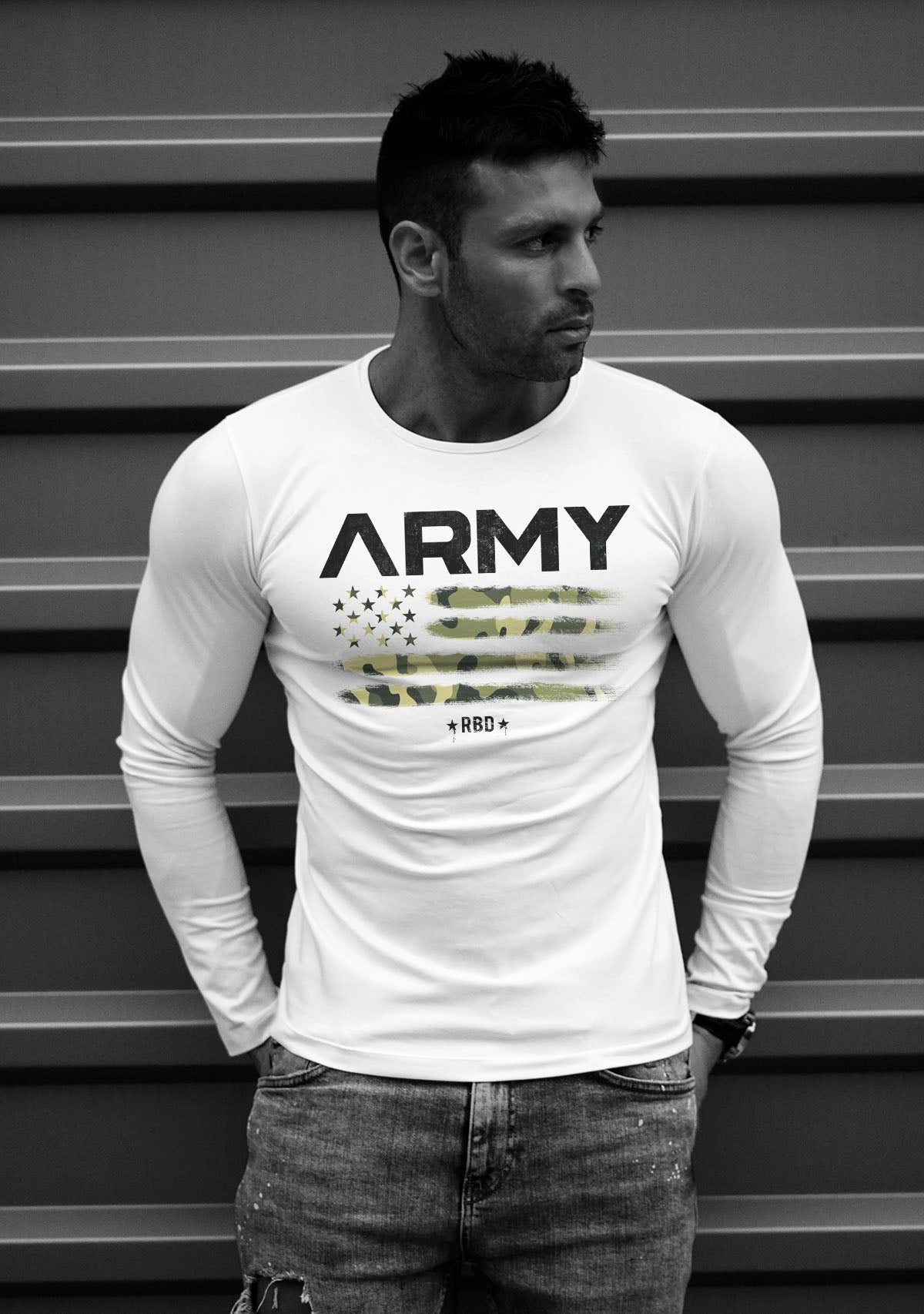 Mens Long Sleeve T-shirt "ARMY" Camouflage Flag MD711