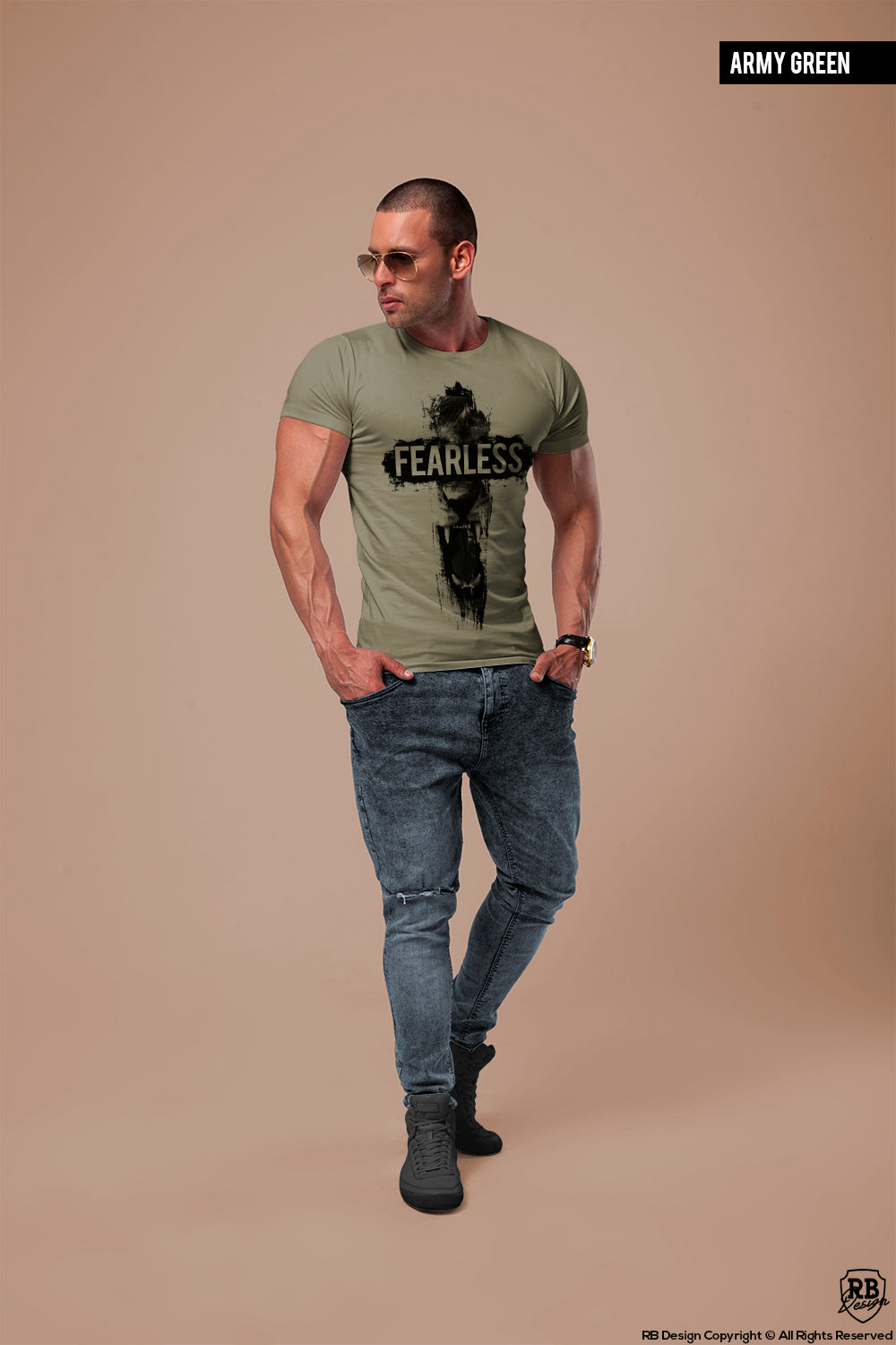 Angry Lion Men's T-shirt "Fearless" Khaki Beige Gray Top / Color Option / MD802