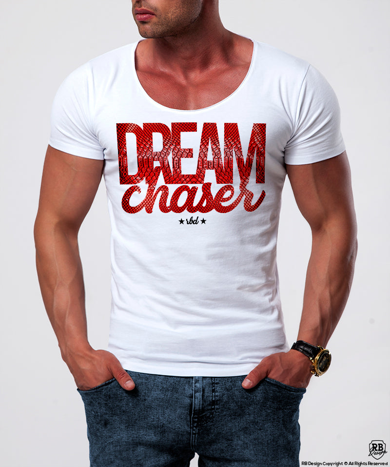 Dream Chaser Mens White T-shirt Slim Fit Motivation Tee MD877