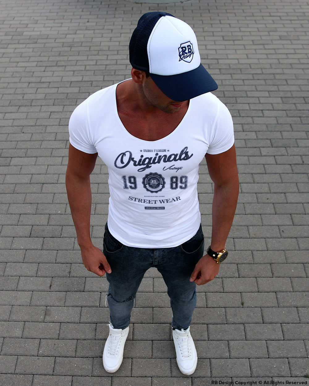 RB Design Originals Men's T-shirt Vintage Style Graphic Tee Jeans Blue MD893