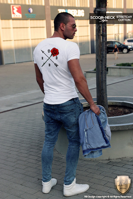 Limited Edition Mens White Scoop Neck T-shirt Rose and Arrow MD894 B